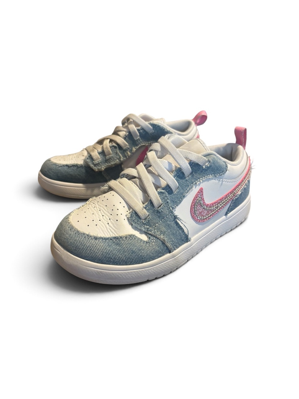 Jordan Kids Low-Top Sneakers in Denim, White & Pink Glitter size 3Y